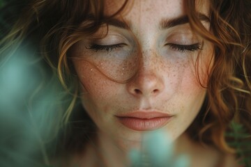 Close-up portrait of a woman with freckles, keeping her eyes closed, in a garden. - obrazy, fototapety, plakaty