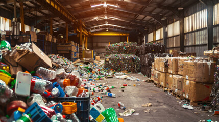Inside a recycling warehouse where bales of compacted plastic waste are stored alongside loose recyclables - obrazy, fototapety, plakaty