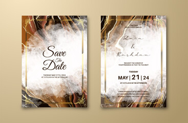 Luxury wedding invitation card with gold and brown watercolor painting background. Abstract marble texture for marriage celeberation template. Engagement card mockup. Beautiful cover design