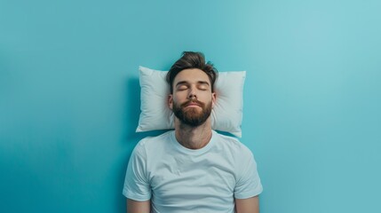 a young man sleeping on pillow isolated on pastel blue colored background Sleep deeply peacefully rest. Top above high angle view photo portrait of satisfied .senior wear blue  shirt - Powered by Adobe
