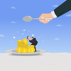 Hand hold spoon and businessman with coins on plate design vector illustration