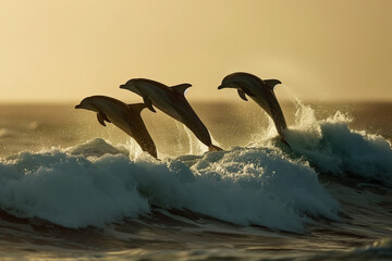 Dolphins jumping out of the water on the beach
