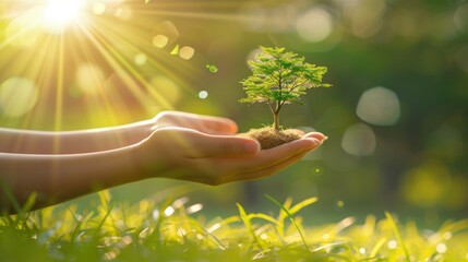 human hand holding a small plant for planting. concept of plant growth and environmental protection.