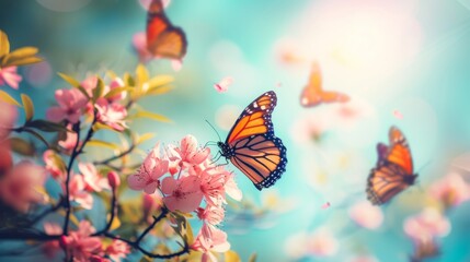 Fototapeta na wymiar Butterflies alight on delicate pink spring blossoms, with a backdrop of soft sunlight and a clear blue sky