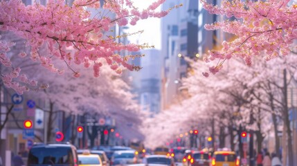 Cherry blossom branches overhang a bustling city street, juxtaposing vibrant springtime sakura with the urban landscape