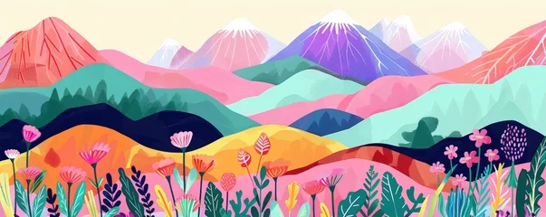 Fotobehang Colorful landscape with mountains and flowers, children book illustration © EMRAN