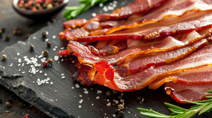 Slices of salted bacon with spices. Traditional raw ingredient for cooking. On stone background, top view, close up