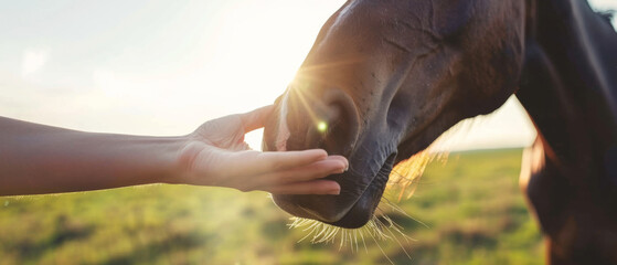 A woman hand gently cradles a horse muzzle, highlighted by the sun soft backlight