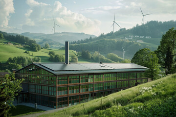 Experience sustainable manufacturing in nature's embrace with a green valley factory equipped with solar panels and wind turbines