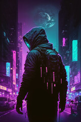 Fototapeta na wymiar a lonely figure in a futuristic city with neon lights