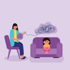Child psychiatrists work with small girl. Psychological consultation in a hospital, school or kindergarten. Kid psychology after domestic violence or accident concept. illustration,vector