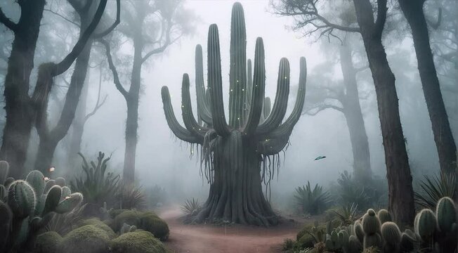 Experience the intriguing juxtaposition of a cactus thriving in the midst of a fog-laden tropical forest, depicted in mesmerizing 4K video