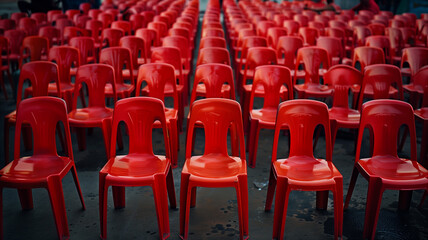 Naklejka premium Rows of red plastic chairs in an empty stadium