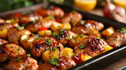 Hawaiian chicken fillet sizzles on a gourmet cooking tray.
