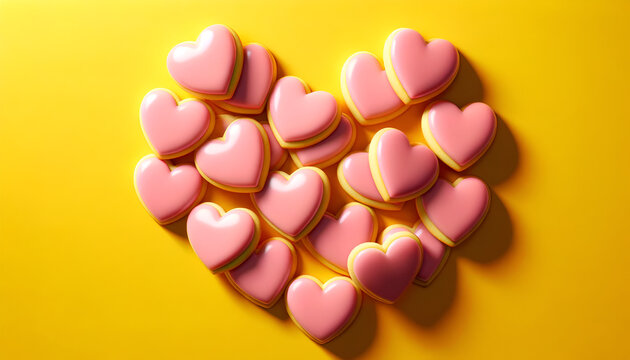Biscotti a forma di cuore glassati di rosa su sfondo giallo vibrante