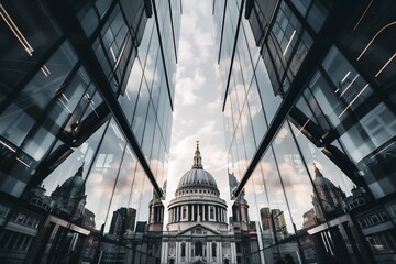 A wide angle shot of the dome of St Paul's Cathedral through glass buildings