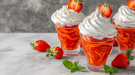 Strawberry Dessert With Cream Cheese And Jam In Glasses - A Close Up Of Food