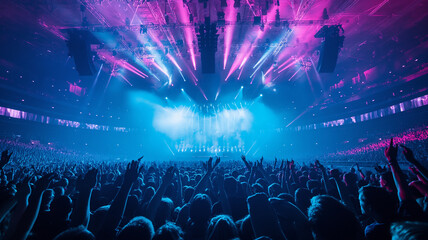 Concert crowd in front of a bright stage with bright stage lights