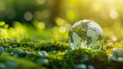 Crystal globe putting on moss, ecology and environment sustainable concept. - obrazy, fototapety, plakaty