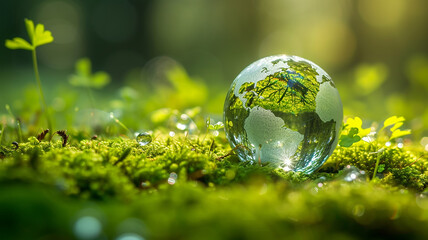 Crystal globe putting on moss, ecology and environment sustainable concept.