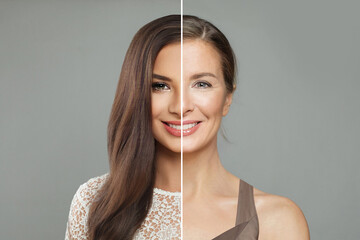 Aging, cosmetology, plastic surgery and retouching before and after concept. Young and senior...