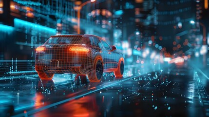 3D rendering of a futuristic wireframe SUV driving on a digital road in a city setting. Concept 3D Rendering, Futuristic SUV, Wireframe, Digital Road, City Setting,
