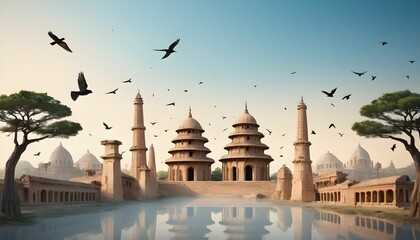 World heritage day background theme along with ancient famous buildings of the world with clear sky birds and trees in ancient model - obrazy, fototapety, plakaty
