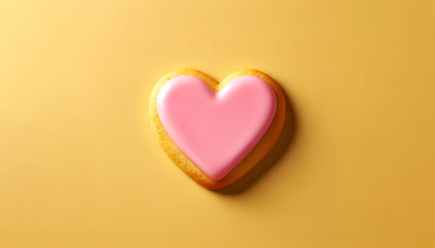 Biscotto a forma di cuore glassato di rosa su sfondo giallo vibrante