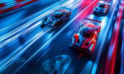 A convoy of race cars zooms down the dark highway at night