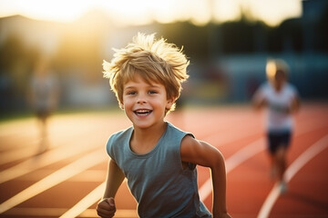 Sunset Chase: Boy with a Bright Smile Enjoying a Run on Track - obrazy, fototapety, plakaty