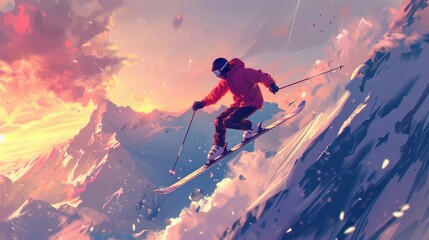 Illustration of a snowboarder in action.winter sports concept. AI generated