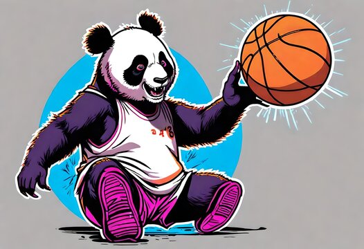 a bright colored cartoon of a cute black and white panda bear playing basketball.  Suitable for a t-shirt design.