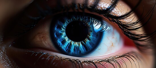 A close up of a persons brown eye with long eyelashes and an electric blue iris. The circle of darkness around the iris enhances the facial expression
