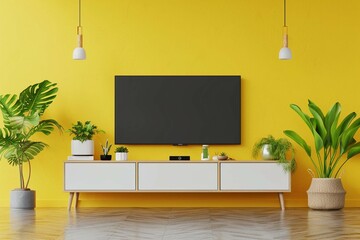 Modern interior of living room with cabinet for tv on yellow color wall background - obrazy, fototapety, plakaty
