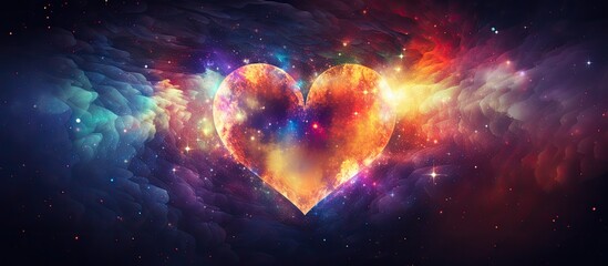 A colorful heart made of electric blue, magenta, and violet hues, floating in the vastness of space like an astronomical object in a galaxy