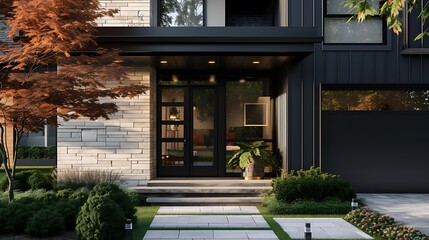 Fototapeta na wymiar an image of a trendy modern farmhouse exterior with a black wooden front door, glass window, and vinyl siding