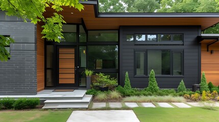 an image of a trendy modern farmhouse exterior with a black wooden front door, glass window, and vinyl siding