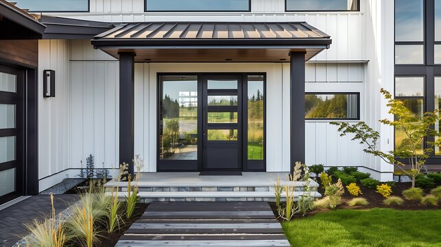 Fototapeta an image of a trendy modern farmhouse exterior with a black wooden front door, glass window, and vinyl siding