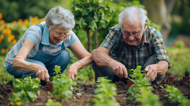 Growing, caring, and friendship are symbolized by an elderly couple gardening together. Generative Ai