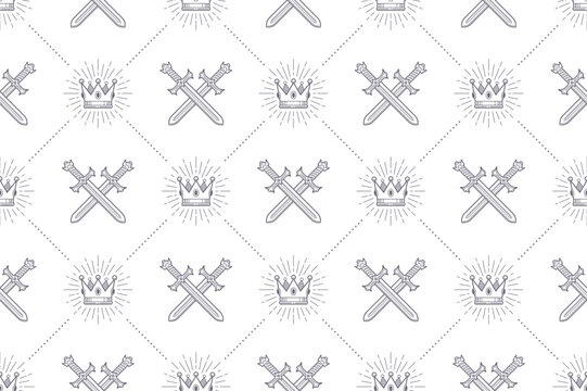 Seamless pattern with crossed swords and royal crown. Vector background design for wallpaper, wrapping paper, book flyleaf, envelope inside, etc.
