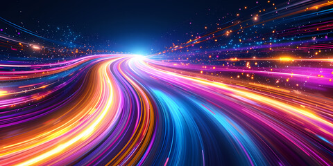 Fototapeta na wymiar Abstract Background With Glowing Neon Curvy Lines - A Colorful Light Trails In The Sky
