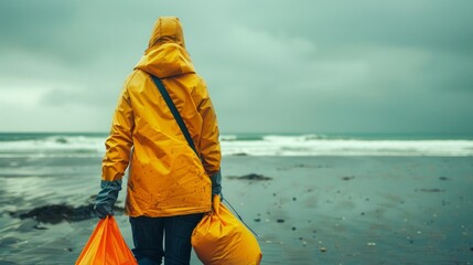 The solemn undertaking of nature's guardian. Beach cleaners wearing coats are walking on the shore - obrazy, fototapety, plakaty