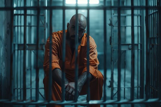 A sad criminal is shown in cinematic style behind bars in a cell.Visuals for presentations, publications, or advertisements related to law, crime, or justice.