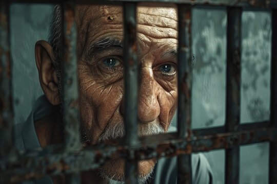A sad eldery criminal behind bars in a cell depicted in cinematic style,portrait.reference or backdrop in films, TV shows, or documentaries depicting prison scenes or criminal investigations.
