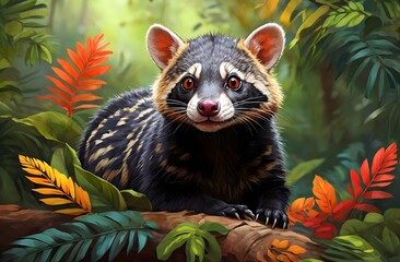 A Banded Palm Civet in colorful tropical forest