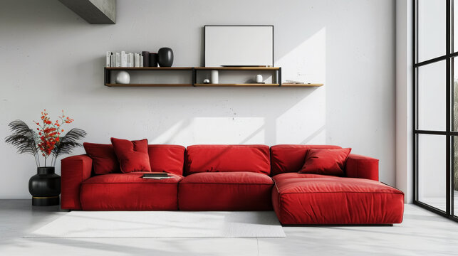 Aesthetic tufted cosy red corner sofa in spacious lightroom interior. Minimalistic style. Generative AI