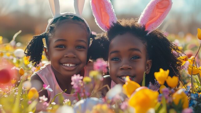 Happy black sisters, dressed as bunnies for Easter and going on an egg hunt together. Generative Ai