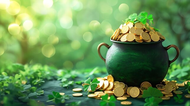 an image of a vibrant pot filled with gold coins and surrounded by lush clover leaves against a vivid green background for St. Patrick's Day