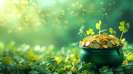 an image of a vibrant pot filled with gold coins and surrounded by lush clover leaves against a vivid green background for St. Patrick's Day - Powered by Adobe
