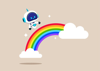 Robot running on colorful rainbow in the sky. Imagination and creativity to build hope and bright future. Flat vector illustration